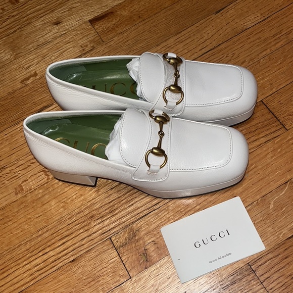 GUCCI SHOES HOUDAN PLATFORM WHITE LEATHER LOAFERS PUMPS w HORSEBIT - Picture 4 of 14
